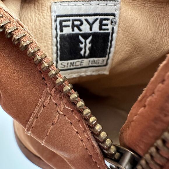 Frye Reina Cognac Nubuck Side Zip Stack Wood Heel Cowboy Western Ankle Boots 10 - Picture 8 of 12